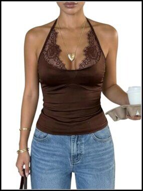 Ruched Lace Trim Halter Top V Neck Low Cut Tie Back Backless